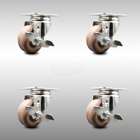 Service Caster 3.5 Inch 316SS High Temp Glass Filled Nylon Swivel Top Plate Caster Set Brake SCC-SS31620S3514-GFNSHT-TLB-4